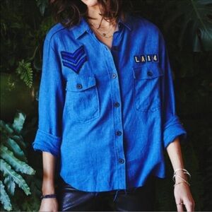 Rails‎ Indigo Military Patch Linen Blend Button Down Size Medium Raw Hem